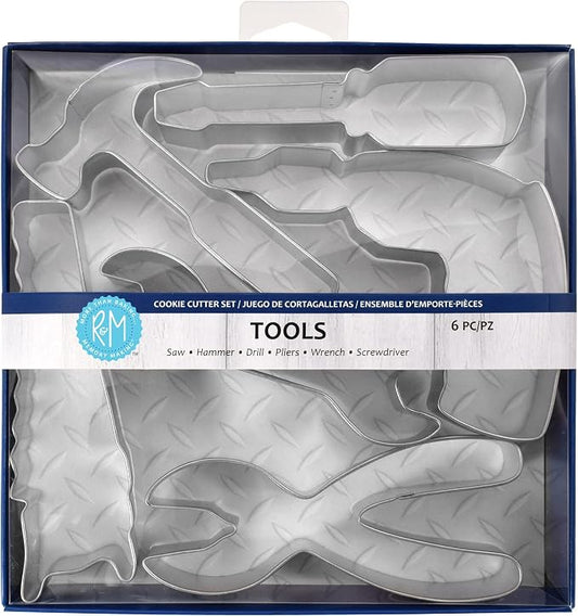 R&M Construction Tool Cookie Cutter Set, 6 Pieces Includes Hammer, Wrench, Screwdriver, Drill, Saw, Plyer Cookie Cutters, Silver