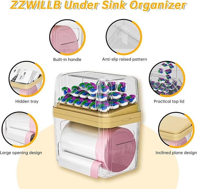 2-in-1 Trash Bag Dispenser & Laundry/Dishwasher Pods Container, Clear Acrylic Garbage Bag Holder with Removable Lids, Under Sink Organizer Kitchen Pantry Storage Box