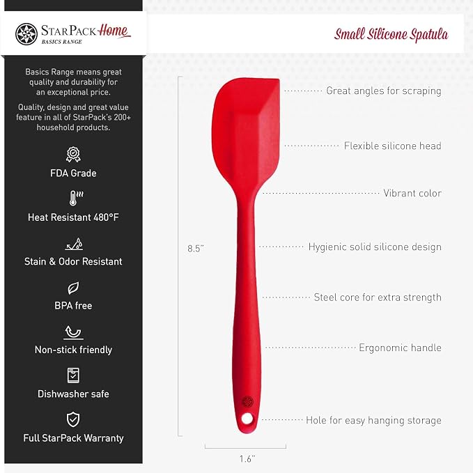 StarPack Basics Small Silicone Spatula (8.5"), High Heat Resistant to 480°F, Hygienic One Piece Design, Non Stick Rubber Cooking Utensil (Cherry Red)