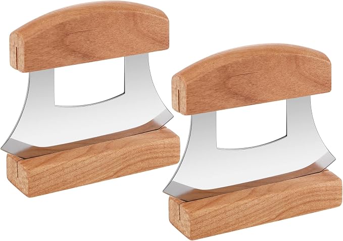 Hanaive 2 Pack 4 x 5 Inch Mezzaluna Ulu Knife Salad Veggies Rocker Chopper Slicer Cutter Mezzaluna Knife with Wooden Display Stand for Kitchen Cutting Chopping Knives Chef Cleaver Arthritic Tool