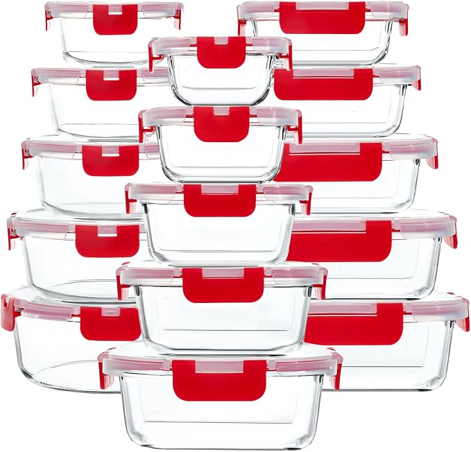 M MCIRCO 30 Piece Extra Large Glass Food Storage Containers with Lids, Red | Glass Meal Prep Containers,Airtight Lunch Containers with Lids, Microwave, Oven, Freezer and Dishwasher Friendly, BPA Free