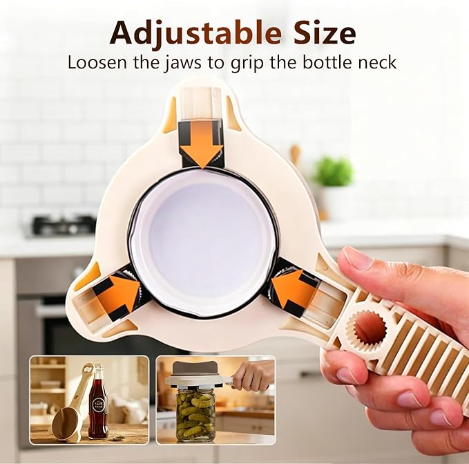 Adjustable Jar Opener with 3-Claw Grip and Bottle Opener | Plastic body,metal contact teeth,adjustable three-point grip,long lever handle,built-in bottle-cap opener,1piece