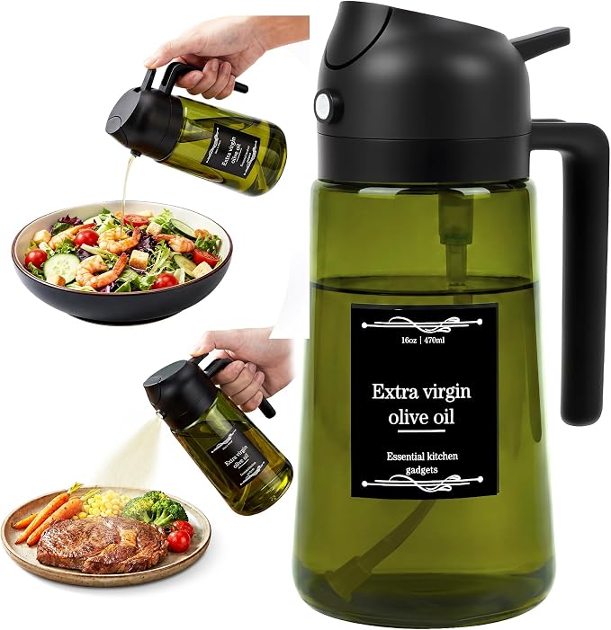 Oil Dispenser Glass Bottle, 16oz/470ml, 2 in 1 Oil Sprayer and Pourer, Light-Blocking Dark Glass, for Cooking, Air Fryer, Salad, BBQ (Black)