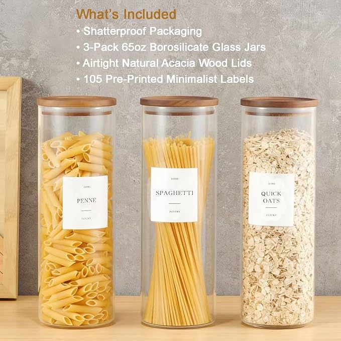 3 Pack Glass Pasta Storage Containers, 65oz Tall Pantry Jars with Wood Lids | Airtight Kitchen Canisters with 105 Labels, Glass Food Storage Containers with Acacia Lids for Cereal, Spaghetti Holder