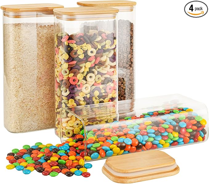 D2scrma 64oz Rectangle Airtight Glass Storage Containers with Bamboo Lids (Set of 4), Square Food Storage Jar, Pantry Organizers for Cereal, Flour, Pasta and Coffee beans (‎with Black Lable)