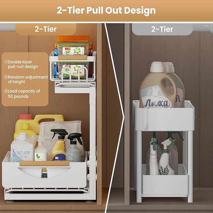 Under Sink Organizer and Storage for Bathroom and Kitchen - 2 Pack 2 Tier | Cabinet Pull Out Shelf Organizers - Slide Out Drawer Organization for Home Cabinets Shelves and Drawers