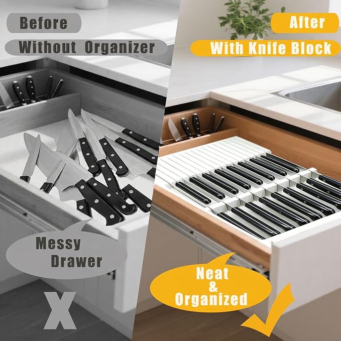 White Painted Bamboo In-Drawer Knife Block, 17 Slot Large Capacity Knife Organizer, Upper and Lower Kitchen Steak Knife Storage Rack - Holds 8 Short Knives + 9 Long Knives