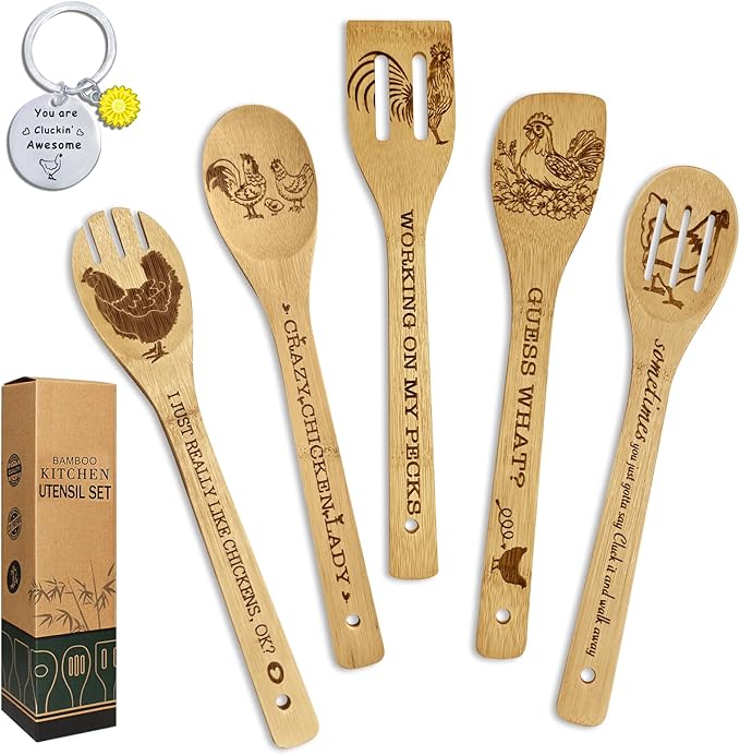 Chicken Gifts for Women, 6PCS Unique Chicken Print Bamboo Spoons Gifts Set with Keychain, Chicken Decor Kitchen Stuff for Mother's Day Sister