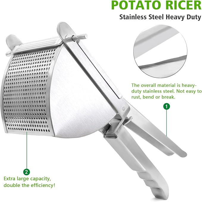 LHS Heavy Duty Potato Ricer and Masher, Stainless Steel Potato Masher, Business Fruit Masher and Food Press for Commercial and Home Use, 2 Sides Holes