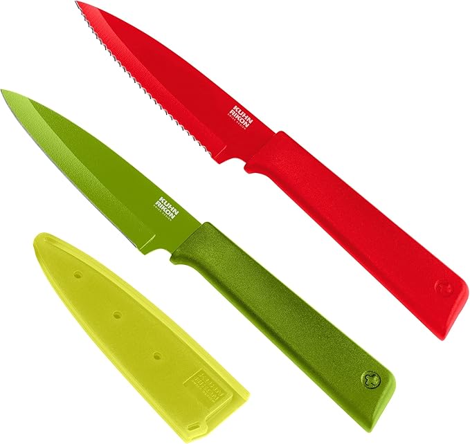 Kuhn Rikon COLORI+ Non-Stick Straight and Serrated Paring Knives with Safety Sheaths, Set of 2, Red and Green