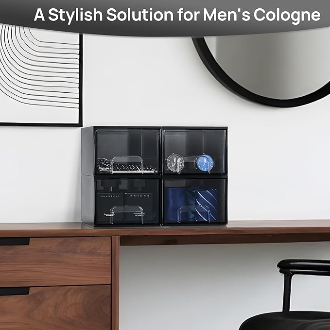 Vtopmart Black Small Stackable Storage Drawers for Cologne Organizer | Plastic Containers for Vanity, Dresser, Office Desk,Bathroom Countertop Organization, Ideal for Men's Room Decor