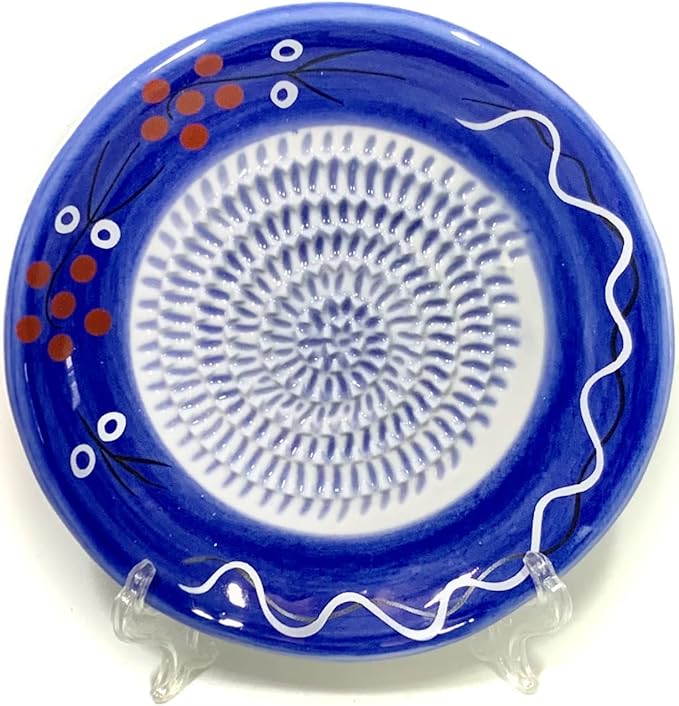 BonCera, All-in-one Premium Ceramic Garlic Grater Plate 4-Piece Set - Cherry Line on Blue Design - For Garlic, Ginger, Chocolate, and more! - Comes with 5.25" Plate, Peeler, Brush, and Stand