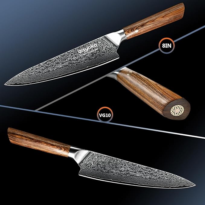 aisyoko Damascus chef knife 8-inch sharp kitchen knife Japan VG-10 stainless steel ergonomic color wooden handle luxury gift box - with scabbard