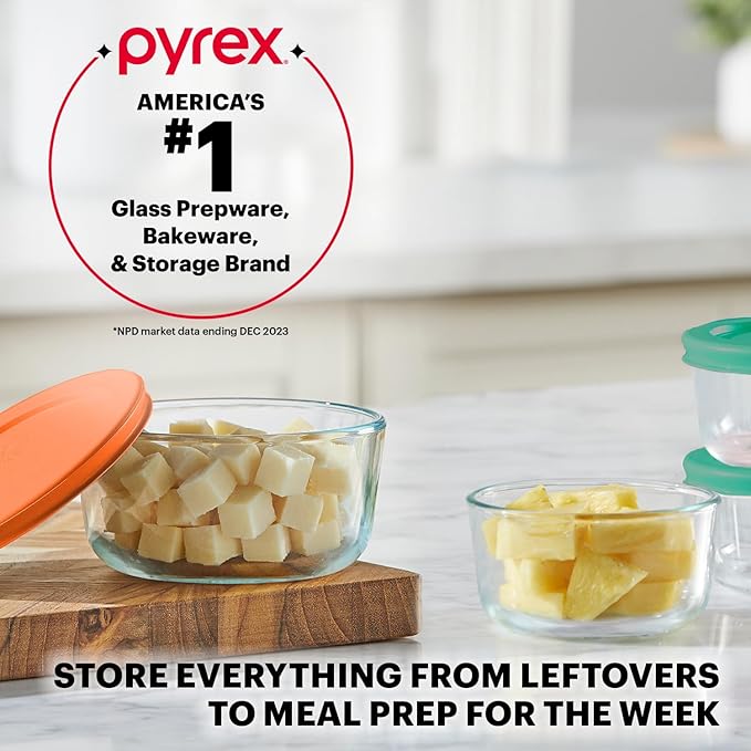 Pyrex Simply Store (8-Pack) Small Glass Food Storage Containers Set | Meal prep containers (1 & 2 cup) with BPA-free plastic lids, dishwasher & microwave safe