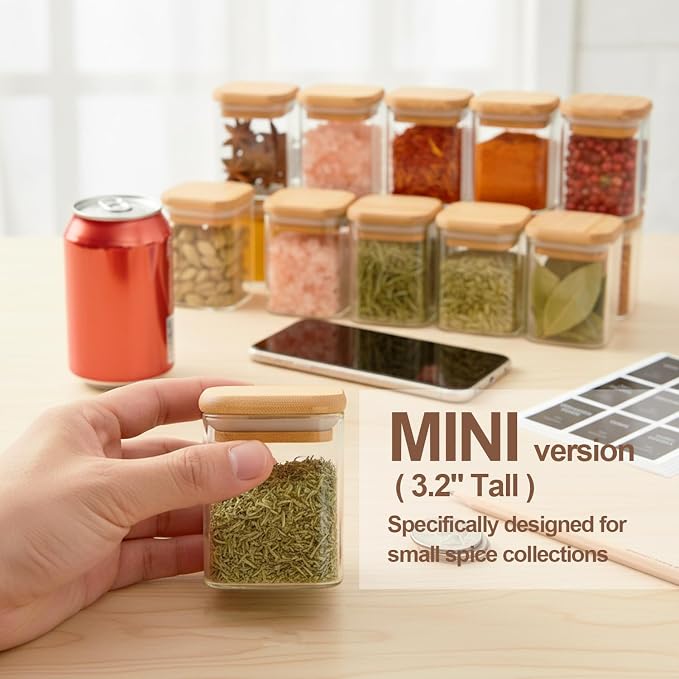 ComSaf Spice Jars 4oz 16 Pack, Seasoning Containers with labels 54 Labels | Small Glass Jars, Bamboo Lid with Silicone Seal, Kitchen Spice Drawer Organizer, Loose Tea,Herbs,Powders,Salt,Chili, BPA Free