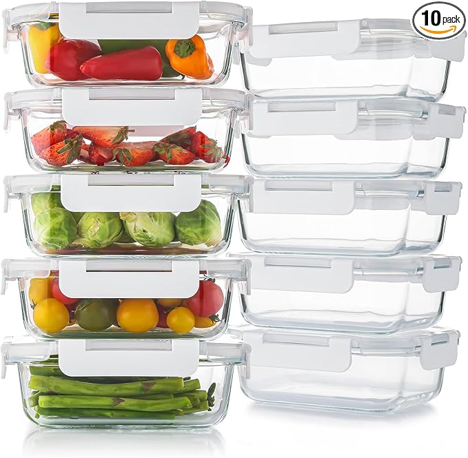 Cuiselect 10 Pack 22 Oz Glass Meal Prep Containers with Lids, Reusable Glass Food Storage Containers with Lids, Leak Proof, Microwave, Oven, Freezer and Dishwasher Safe (White)