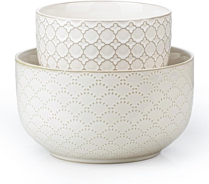 Mikiegy Ceramic Mixing Bowls Set of 2, Nesting Ceramic Embossment Stoneware Mixing Bowls for Cooking, Serving, Popcorn, Salad etc, Microwave & Dishwasher Safe, 44/98 oz, Off-White