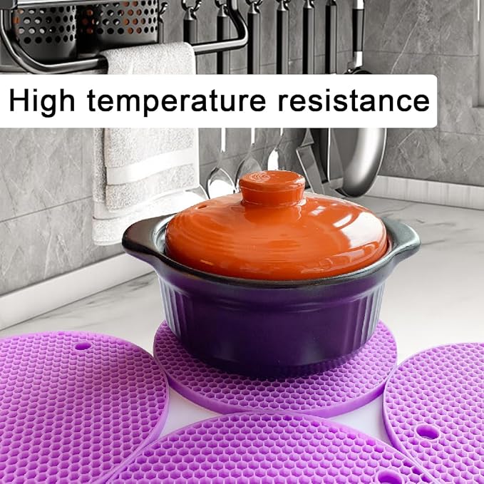 7-Inch Round Silicone Trivet Mats - 4-Pack Non-Slip Heat Resistant Hot Pads for Kitchen Countertops, Pots and Pans (Purple)
