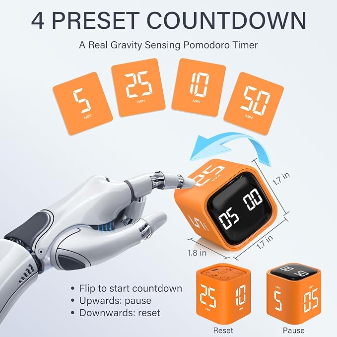 Rotating Pomodoro Timer 5, 25, 10 50 Minutes Preset, Desk Productivity Flip Timer, ADHD Tool Cube Countdown Stopwatch, Vibration/High/Low Volume/Custom Modes, for Work, Study, Back to School, Orange