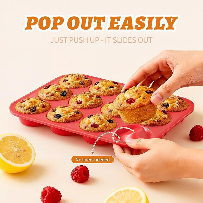 2Pack Silicone Muffin Pans with Metal Reinforced Frame,12 Cup Regular Size Silicone Cupcake Pan,Muffin Tin,Nonstick Cupcake Baking Molds for Muffins,Cupcakes,Egg Bites,BPA Free (2Pack Red)