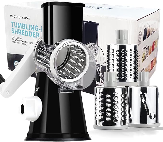 Handheld Rotary Cheese Grater Shredder- 3 Interchangeable Stainless Steel Drum Blades Manual Round Mandolin Vegetable Slicer Nut Grinder with Upgraded Strong Suction Base & Free Sharp Peeler, Black