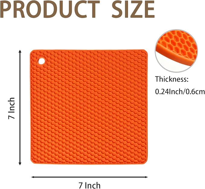 6-Pack Silicone Trivet Mats, Heat Resistant Hot Pads, Dishwasher Safe Kitchen Mats, BPA-Free Pot Holders for Table, Countertop, Stove, Honeycomb Design (Orange, 7" Square)