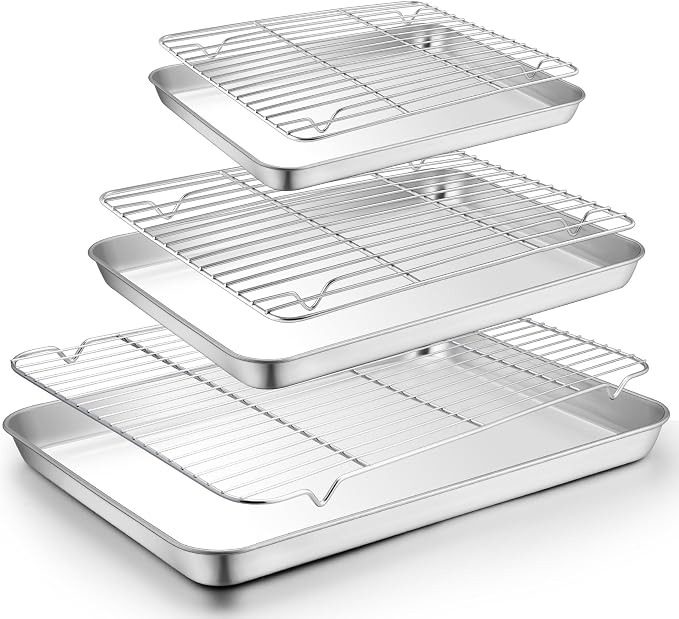 TeamFar Baking Sheet with Rack Set, 3 Pans + 3 Racks, 19.6/16/12.5 Inch | Stainless Steel Cookie Sheets Baking Pans Trays and Cooling Racks for Cooking, Non-Toxic & Heavy Duty, Dishwasher Safe