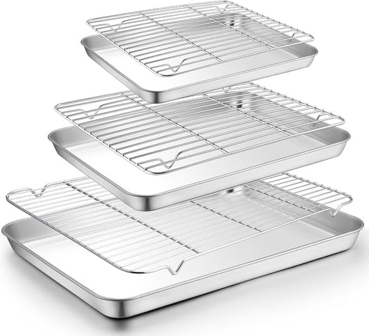 TeamFar Baking Sheet with Rack Set, 3 Pans + 3 Racks, 19.6/16/12.5 Inch | Stainless Steel Cookie Sheets Baking Pans Trays and Cooling Racks for Cooking, Non-Toxic & Heavy Duty, Dishwasher Safe
