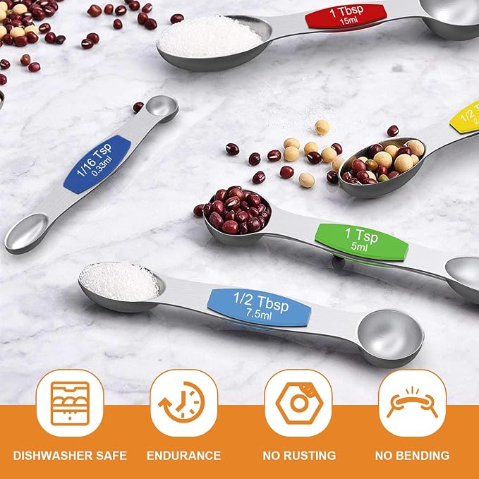 Wildone Stainless Steel Magnetic Measuring Spoons with Strong Magnets, 14pc | Including 8 Double Sided Magnetic Measuring Spoons, Leveler and 5 Mini Spoons for Spice Jar and Liquid Measuring, Multicolor