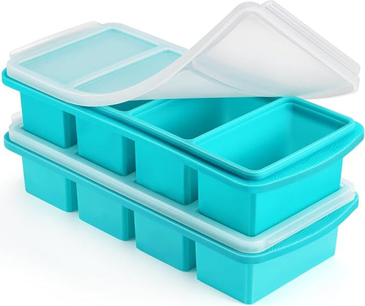 Silicone Freezer Tray with Lid, 1-Cup, 2-Pack (Aqua) | BPA-free, leakproof lid, easy-release, stackable, dishwasher-safe. Great for soups, sauces, leftovers, meal prep, baby food.