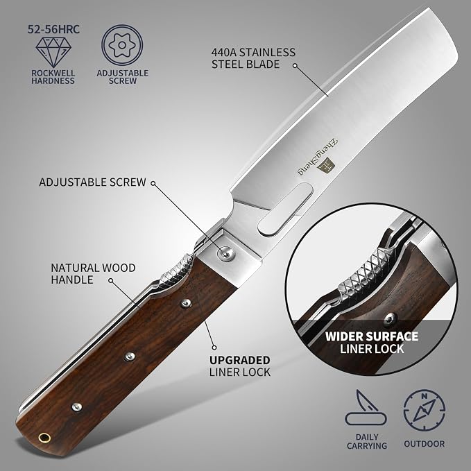 ZhengSheng Folding Chef Knife with Leather Pouch 4.8" Sharp 440A Stainless Steel Blade Wooden Handle Pocket Foldable Japanese Style Kitchen Knife for Outdoor Camping Cooking.