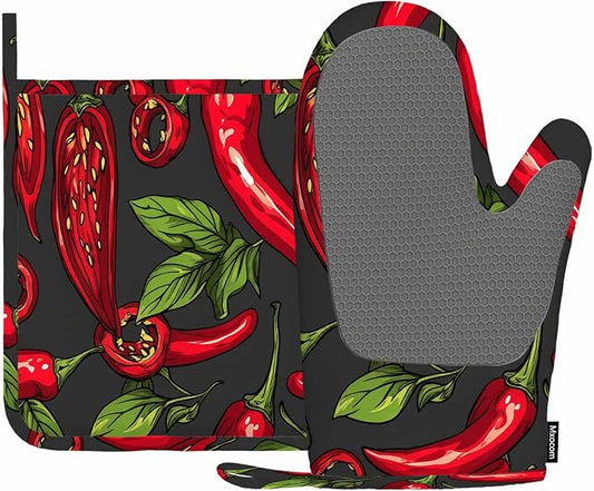 Mxocom Mexican Hot Pepper Chili Oven Mitts and Pot Holders Sets Slices Halves Crushed Pieces and Branch Organic Healthy Red Silicone Heat Resistant Kitchen Oven Gloves Pot Holder for Cooking
