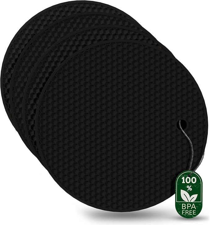 4 Pcs Thick Trivets for Hot Dishes, Non Slip Hot Pot Holders, Kitchen Heat Resistant Silicone Pad, Extra Thick, Large. (Black)
