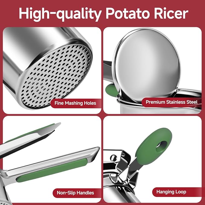 Potato Ricer for Mashed Potatoes-Stainless Steel 15oz | Large Capacity,All Clad,Heavy Duty,Ergonomic Handle for Spaetzle,Oranges, Lemons, Pumpkins, Carrots, Avocados(GREEN)