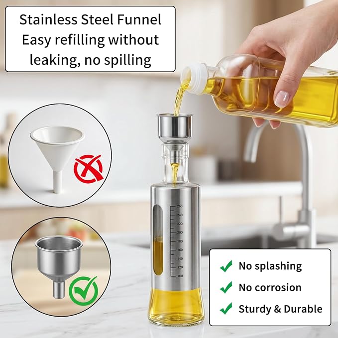 Olive Oil Dispenser for Kitchen, 4 Pack 10oz/300 ML Cooking Oil and Vinegar Dispenser Set with 20 Labels Stainless Steel Funnel, Olive Oil Bottle, Soy Sauce Dispenser, Coffee Syrup Bottles