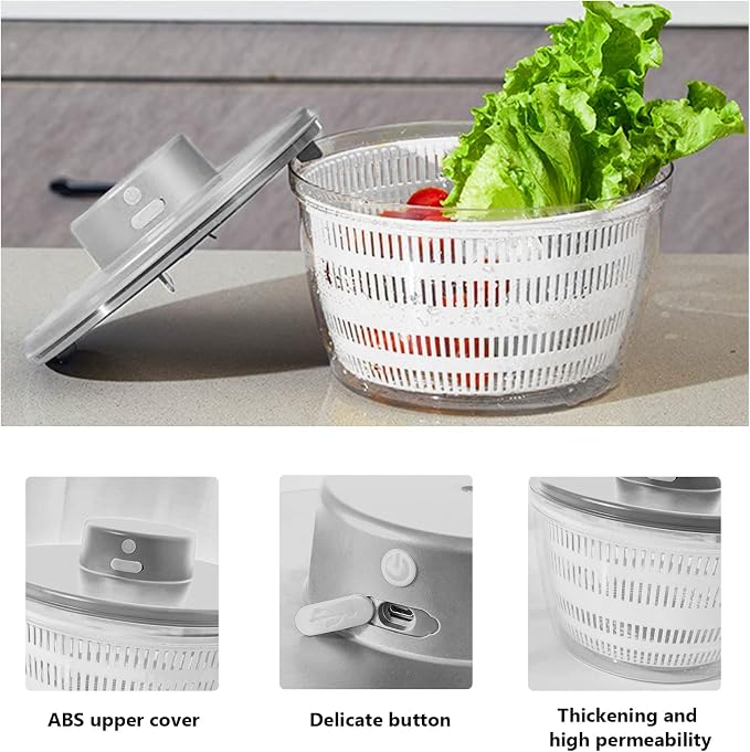 Electric Salad Spinner,Automatic Salad Rotator,USB Chargeble Lettuce Spinner- Easy Water Drain System,Lettuce Cleaner and Dryer for Home Kitchen Washing & Drying Leafy Vegetables (White)
