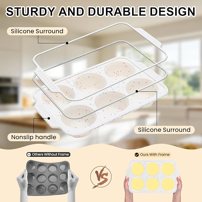 Vinino 12 Cup and 6 Cup Silicone Muffin Pans with Reinforced Frame, Cream | Silicone Muffin Pans Set for Baking with Non-Slip Handle, Nonstick Muffin Tray for Oven, BPA Free, Dishwasher Safe-Cream