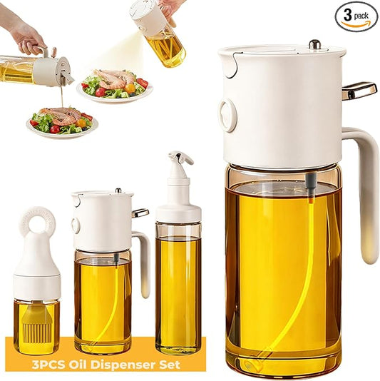 3-Piece Oil Dispenser Set, 580ml 3-in-1 Olive Oil Sprayer and Pourer, Includes Oil Bottle with Silicone Basting Brush and Large-Capacity Glass Dispenser for Air Fryer, BBQ and Baking