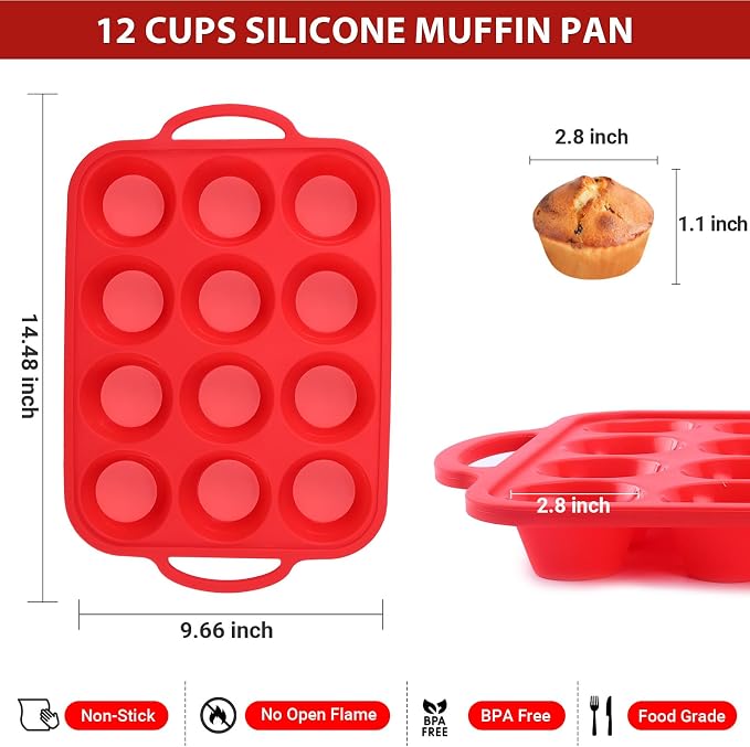 Redfly Silicone Muffin Pans for Baking 12 Cup with Metal Reinforced Frame, Nonstick 2Pack Regular Size Cupcake Pan, BPA Free Food Grade, Easy Release, Dishwasher Oven Freezer Safe for Egg Bite Molds