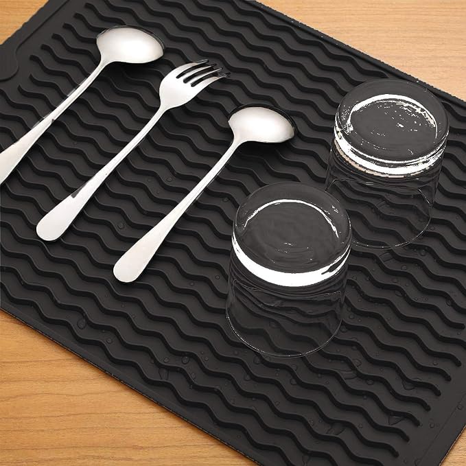 Large Dish Drying Mat, Multiple Usage Silicone Mats for Multiple Usage, Drying Mat for Kitchen Counter, 12 inches x 16 inches (Black)