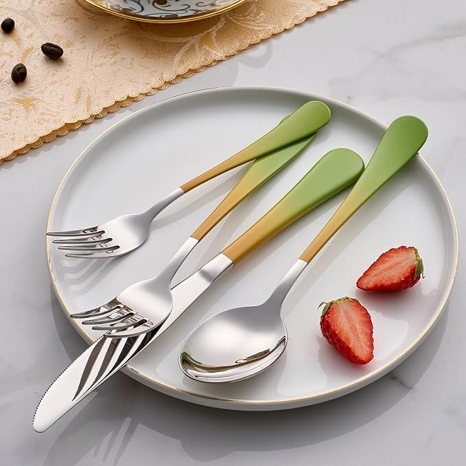 Colorful Silverware Set 20 Piece 18/0 Stainless Steel Flatware Green and Orange Handle Cutlery Set Service for 4 Fork Knife Spoon Set Mirror Finish Dishwasher Safe