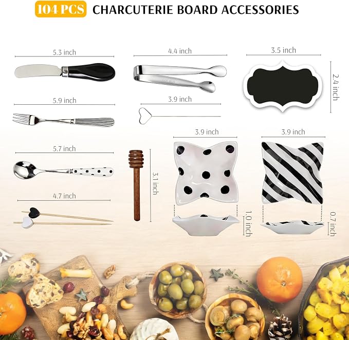104 PCS Charcuterie Boards Accessories Utensils Cheese Knife Set, Charcuterie Bowls, Cheese Markers for Charcuterie Board, Mini Serving Tongs Spoons and Forks Honey Dipper for Pastry Wedding Gift