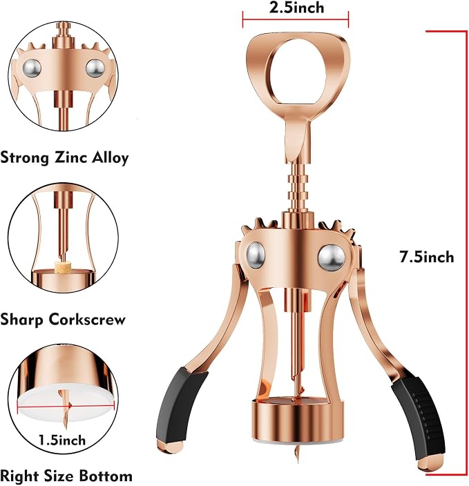 KORCCI Wine Opener, Heavy-Duty Zinc Alloy Wing Corkscrew, Premium Beer Bottle Opener, Multifunctional Wine Accessories with Ergonomic Handle and Sharp Screw, for Kitchen, Bar, Restaurant (Rose Gold)