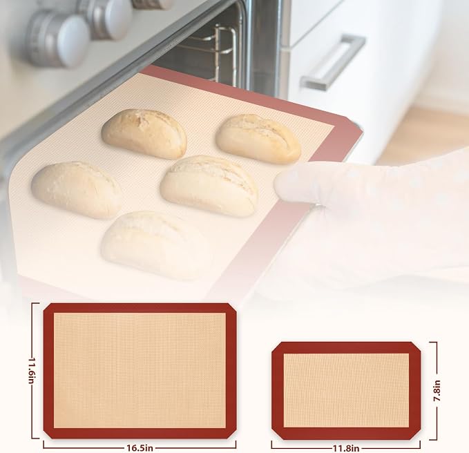 2 Half & 1 Quarter Silicone Baking Mat, Baking Sheets | Non Stick, Heat-Resistant, Reusable Oven Baking Supplies for Cookies, Bread & Pastry, Oven-safe, Red