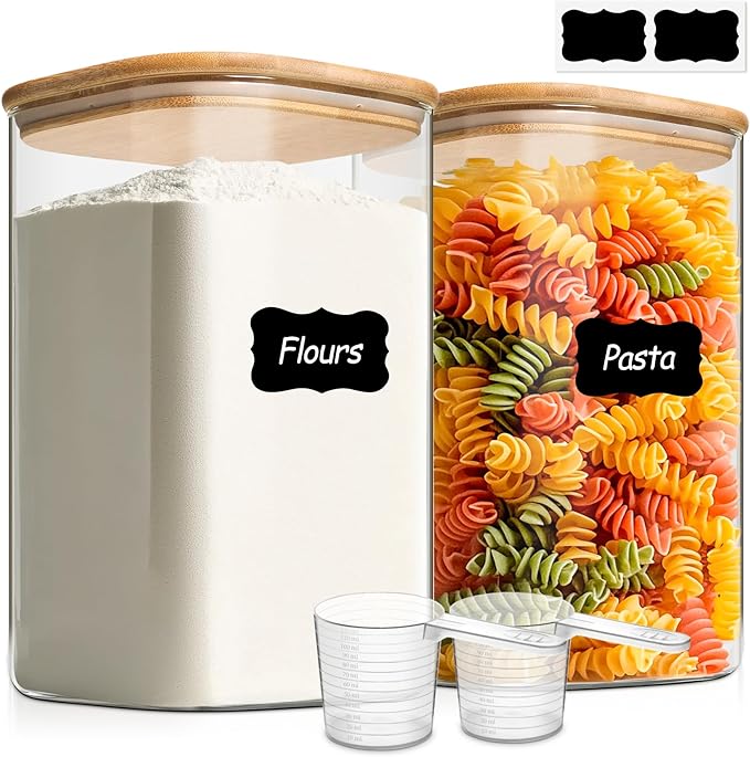 ComSaf Glass Storage Jars with Bamboo Lids 4.6 Qt 2 Pack Large Wide Mouth | Pantry organization, Flour Sugar Coffee Beans, Pasta Cereal Dry Food, 1.2 Gallon, Cabinet Organization, Dry Food Storage