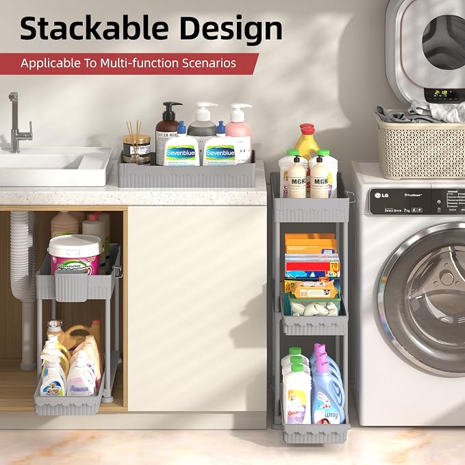 4-Pack 2-Tier Under Sink Organizer with Pull Out Drawers | Multi-use kitchen & bathroom storage. Includes hanging hooks and cups. Gray, space-saving cabinet design. 14.8 Inch