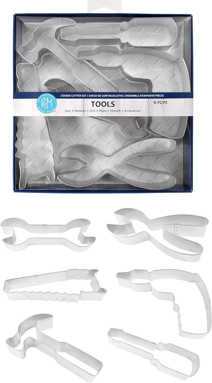 R&M Construction Tool Cookie Cutter Set, 6 Pieces Includes Hammer, Wrench, Screwdriver, Drill, Saw, Plyer Cookie Cutters, Silver