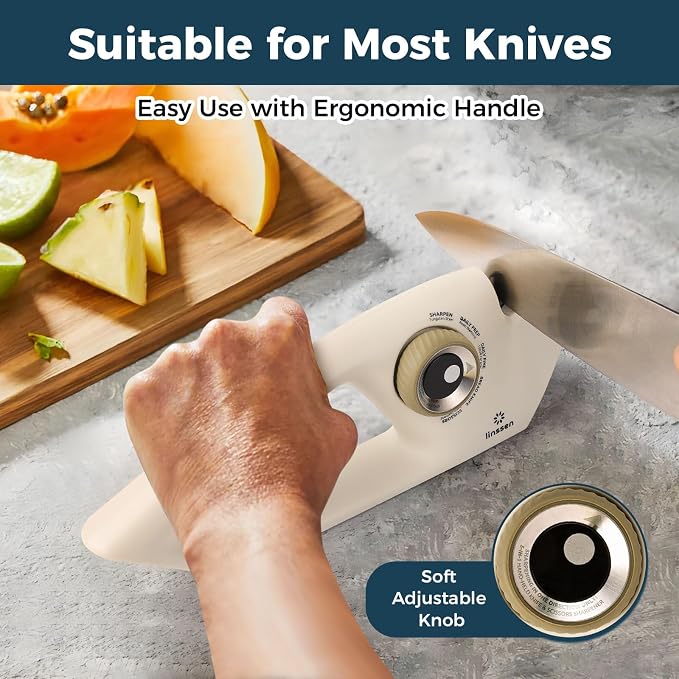 Knife Sharpener with Adjustable Knob, 5-Stage Handheld Premium Kitchen Knife Sharpener Tool, Diamond/Ceramic/Steel Sharpening Stone for Pocket Knives, Chefs & Serrated Knives, Scissors, White
