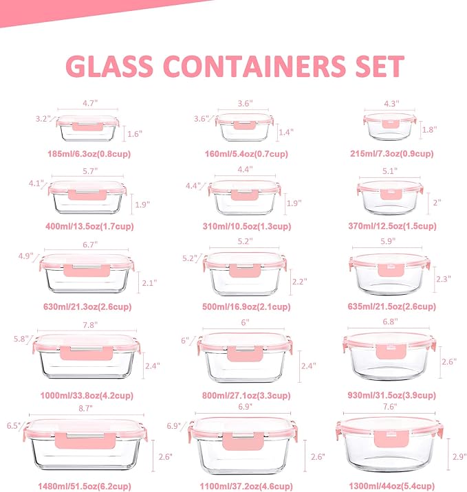 30 Pieces Glass Food Storage Containers Set, Pink | Meal Prep Containers Set, Snap Locking Lids, Airtight Glass lunch Containers, Microwave, Oven, Freezer & Dishwasher Safe