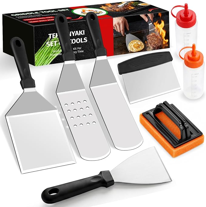 9PCS Griddle Accessories Kit, Flat Top Grill Accessories Set for Blackstone and Camp Chef, Grill Spatula Set with Enlarged Spatulas, Scraper - Outdoor Barbecue Tools Gifts for Men Dad Him